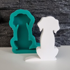 Könnte beinhalten: Eine grüne Silikonform eines sitzenden Hundes und ein weißer Plastikhund, der sitzt.