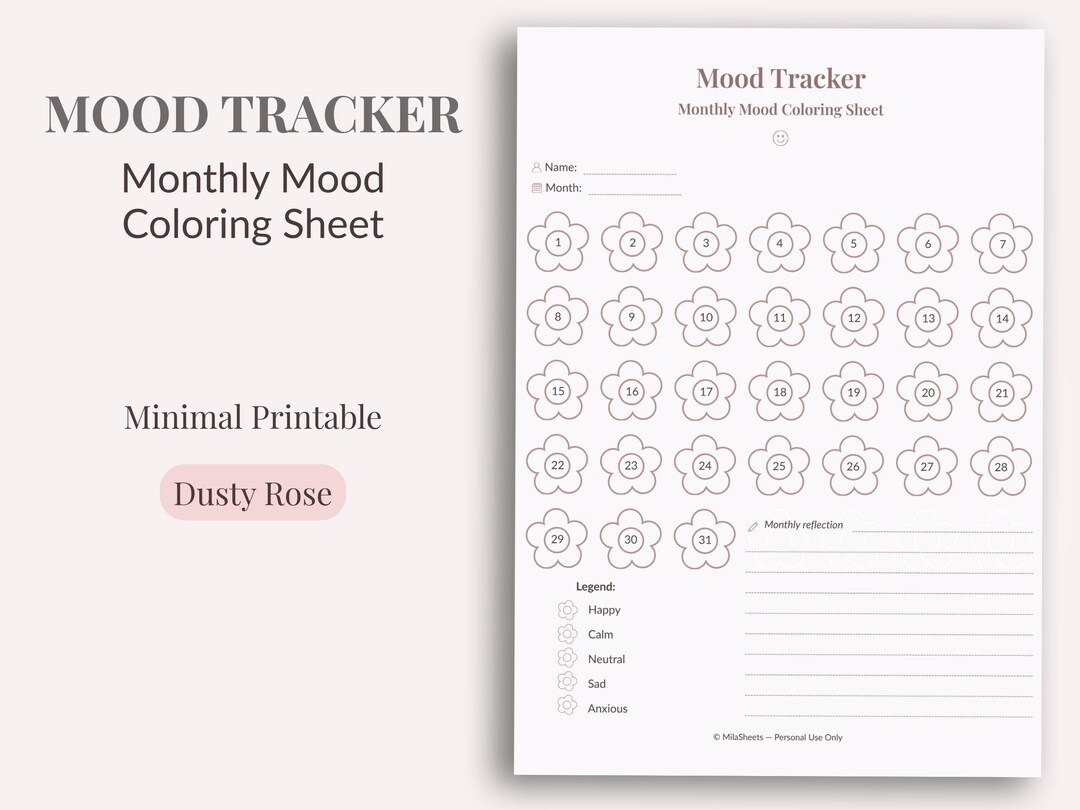 Mood Tracker Printable – Monthly Coloring Journal (A4 and US Letter ...