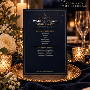 May include: A dark navy blue wedding program card with gold foil text and celestial accents. The text reads Moonlit Vow Wedding Program, Sophia & James, September 18, 2026, Order of Ceremony, Wedding Party, and Two Souls. A Brighter Forever.