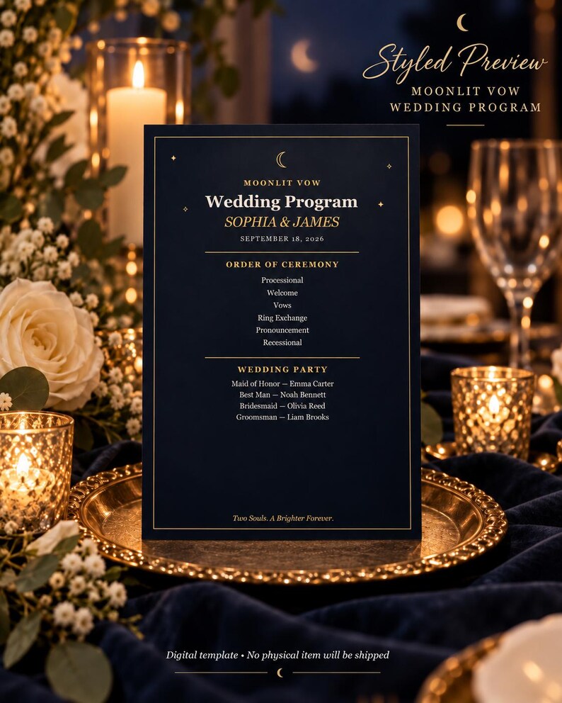 May include: A dark navy blue wedding program card with gold foil text and celestial accents. The text reads Moonlit Vow Wedding Program, Sophia & James, September 18, 2026, Order of Ceremony, Wedding Party, and Two Souls. A Brighter Forever.