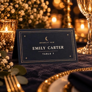 Celestial Wedding Place Card Template Editable Canva Navy Gold Moon Stars