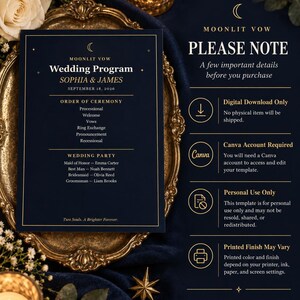 May include: A dark blue wedding program template with gold text featuring the names Sophia and James, date September 18, 2026, order of ceremony, and wedding party list. The design includes a crescent moon icon and text details regarding digital download, Canva requirements, personal use, and printing.