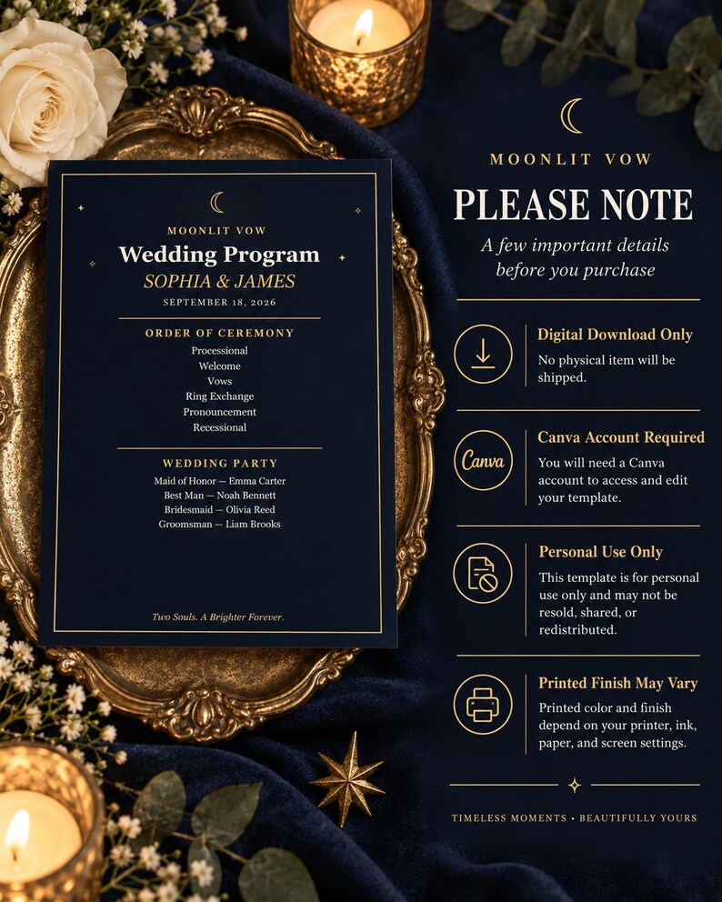 May include: A dark blue wedding program template with gold text featuring the names Sophia and James, date September 18, 2026, order of ceremony, and wedding party list. The design includes a crescent moon icon and text details regarding digital download, Canva requirements, personal use, and printing.