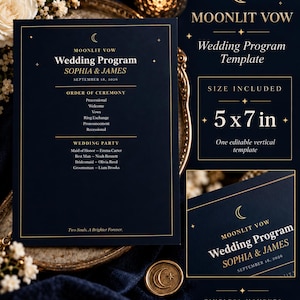 Può includere: Un modello di programma di nozze blu navy scuro con testo dorato e accenti celestiali di luna e stelle. Il testo riporta Moonlit Vow, Wedding Program, Sophia & James, 18 settembre 2026, Order of Ceremony e Wedding Party. Misura 12,7 x 17,8 cm.