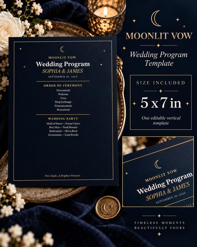 May include: A dark navy blue wedding program template with gold text and celestial moon and star accents. The text reads Moonlit Vow, Wedding Program, Sophia & James, September 18, 2026, Order of Ceremony, and Wedding Party. It measures 5 x 7 inches.