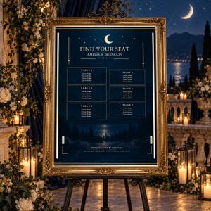 May include: A dark blue wedding seating chart in an ornate gold frame. The text reads FIND YOUR SEAT, AMELIA & BRANDON, 10.26.2024, and MOONLIT VOW DESIGNS. It features a crescent moon, stars, and six table sections with placeholders for guest names.
