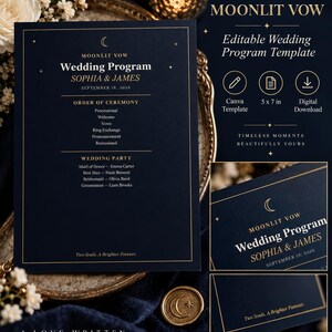 May include: A dark navy blue wedding program template featuring gold text and celestial moon and star icons. The design includes the title Moonlit Vow, names Sophia & James, date September 18, 2026, order of ceremony, and wedding party list.