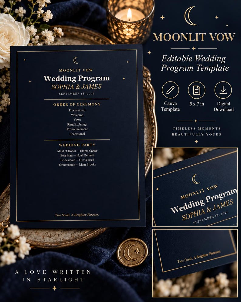 May include: A dark navy blue wedding program template featuring gold text and celestial moon and star icons. The design includes the title Moonlit Vow, names Sophia & James, date September 18, 2026, order of ceremony, and wedding party list.