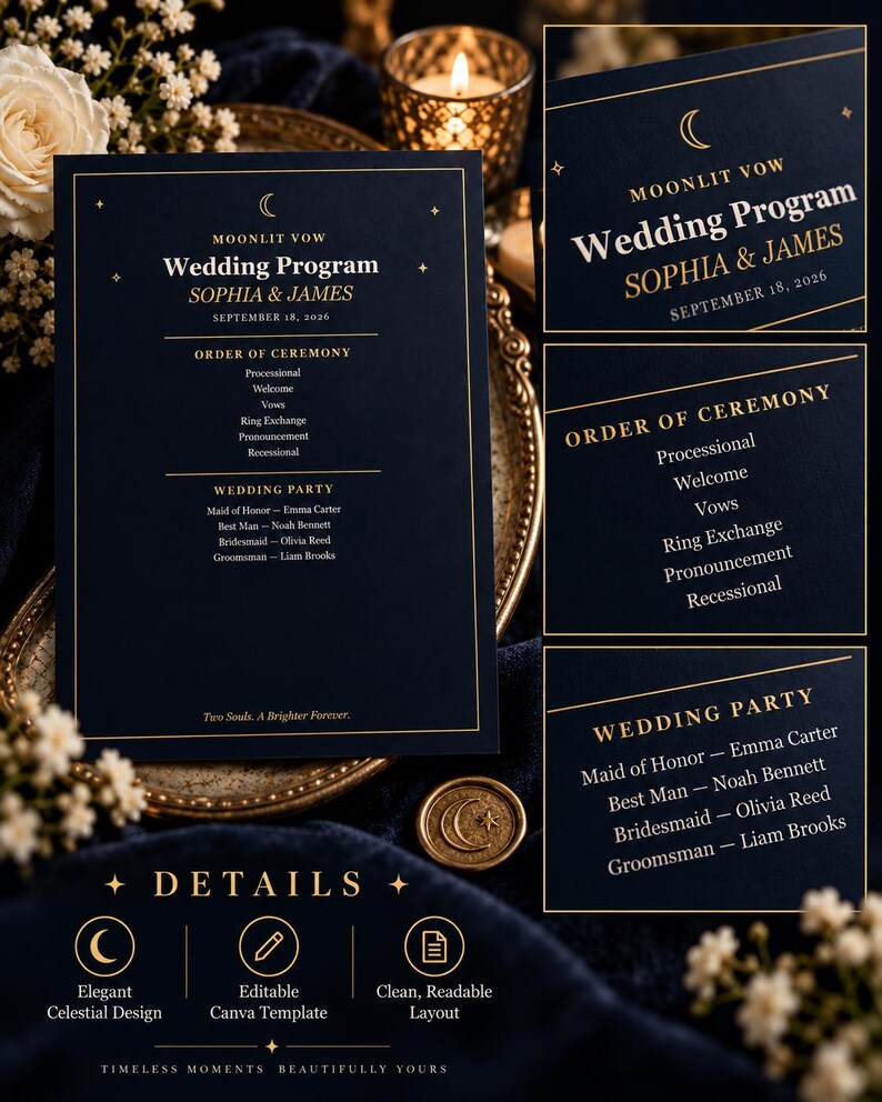 May include: A dark navy blue wedding program card featuring gold celestial motifs, including a crescent moon and stars. The text reads Moonlit Vow, Wedding Program, Sophia & James, September 18, 2026, Order of Ceremony, and Wedding Party details.