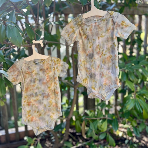 Baby Natural Dye One-Piece, Eco Printed Onesie, Plant Dyed Baby Clothes, 100% Cotton, Green Shibori with Eco Print, 3-6 months, 6-12 months