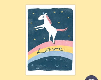 Unicorn Love Card: Wood Block Style Anniversary Card (Digital Download)
