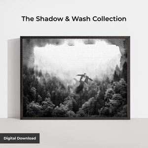 May include: Black and white framed art print titled "The Shadow & Wash Collection." The artwork depicts a person in a suit seemingly falling or floating above a forest shrouded in mist. The words "Digital Download" are at the bottom.