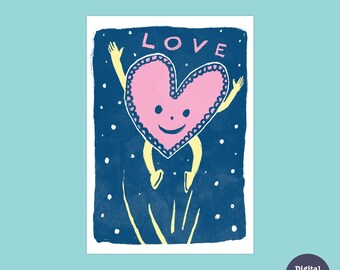 Joyful Heart Valentine's Card: Wood Block Style Anniversary Art (Digital Download)