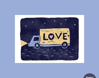 Love Truck Card: Woodblock Valentine's Day Art (Digital Download)