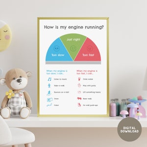 May include: A printable chart with a colorful diagram to help children understand how their engine is running. The chart includes three sections: too slow, just right, and too fast. Each section has a corresponding activity to help children regulate their energy levels.