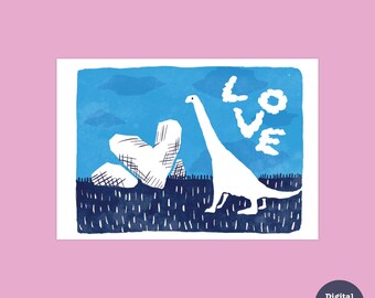 Dinosaur Love Card: Wood Block Style Anniversary Card (Digital Download)