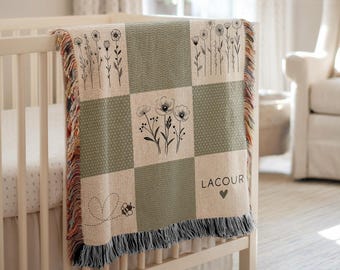 Personalized Baby Girl Blanket Baby Shower Woven Blanket Wildflower Design Nature Blanket Nursery Decor Wildflower Baby Girl Name Blanket