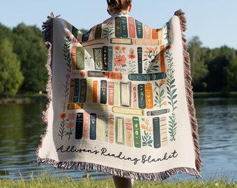 Custom Book Lovers Woven Blanket, Wildflowers Bookish Blanket, Bookshelf Blanket Gift for Bookworm, Gift for Booklover, Reader Woven Blanket