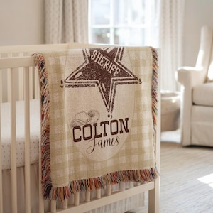 Personalized Cowboy Woven Baby Blanket, Western Cowboy Boys Blanket, Heirloom Blanket, Newborn Name Blanket, Baby Name Woven Throw Blanket