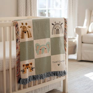 Personalized Safari Baby Blanket Safari Animals Blanket Custom Baby Name Blanket Baby Shower Gift Safari Theme Nursery Decor Woven Blanket
