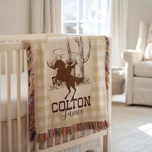 Personalized Cowboy Woven Baby Blanket, Western Cowboy Boys Blanket, Heirloom Blanket, Newborn Name Blanket, Baby Name Woven Throw Blanket