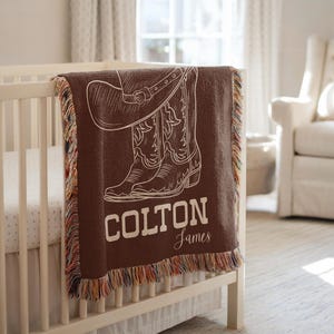 Personalized Cowboy Woven Baby Blanket, Western Cowboy Boys Blanket, Heirloom Blanket, Newborn Name Blanket, Baby Name Woven Throw Blanket