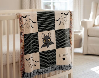 Personalized Bat Blanket for Baby Halloween Blanket Gift for Kid Bat Baby Blanket Nursery Decor Name Bat Blanket Bat Woven Throw Baby Shower