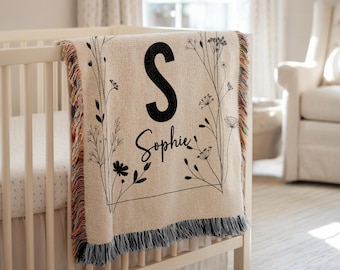 Personalized Baby Girl Blanket Baby Shower Woven Blanket Wildflower Design Nature Blanket Nursery Decor Wildflower Baby Girl Name Blanket