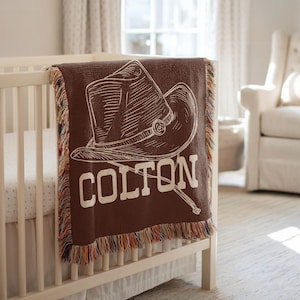 Personalized Cowboy Woven Baby Blanket, Western Cowboy Boys Blanket, Heirloom Blanket, Newborn Name Blanket, Baby Name Woven Throw Blanket