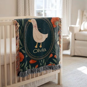 Personalized Floral Goose Baby Blanket, Baby Goose Woven Blanket, Goose Nursery Decor Custom Baby Blanket Floral Baby Shower Goose Baby Gift