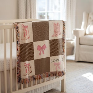 Personalized Cowgirl Blanket Cowgirl Baby Shower Gift Western Girl Blanket with Bow Nursery Decor Coquetteaesthetic Girl Name Woven Blanket