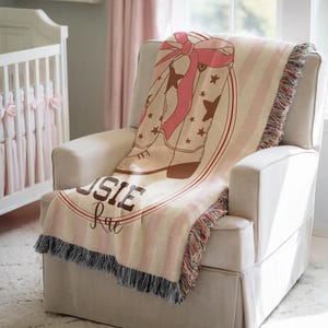 Personalized Cowgirl Blanket Cowgirl Baby Shower Gift Western Girl Blanket with Bow Nursery Decor Coquetteaesthetic Girl Name Woven Blanket