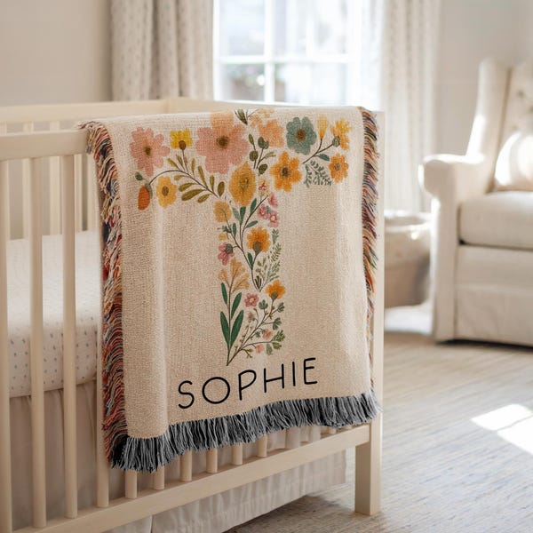 Personalized Baptism Baby Blanket Baptism Christening Blanket for Girl, Woven Baby Blanket with Floral Cross Baptism Floral Cross Baby Gift