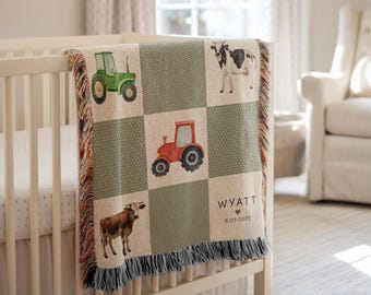 Personalized Farm Theme Baby Blanket Farm Truck Woven Blanket Custom Baby Boy Name Blanket Baby Shower Gift Truck-themed Nursery Woven Throw