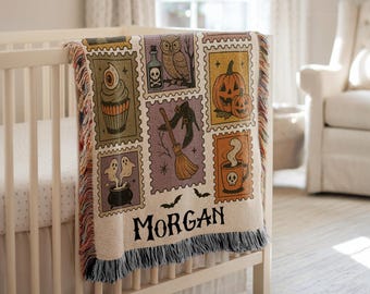 Custom Halloween Baby Blanket Spooky Woven Throw Spooky Name Blanket Spooky Baby Blanket Halloween Blanket Gift for Kid Halloween Woven Gift