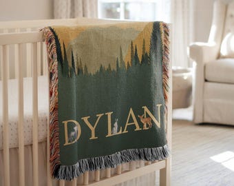 Personalized Baby Blanket Woodland Forest Animal Woven Blanket Custom Baby Name Blanket Baby Shower Gift Woodland Nursery Decor Woven Throw