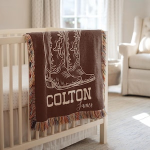 Personalized Cowboy Woven Baby Blanket, Western Cowboy Boys Blanket, Heirloom Blanket, Newborn Name Blanket, Baby Name Woven Throw Blanket