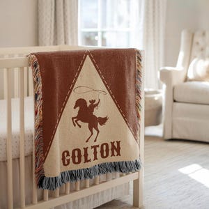 Personalized Cowboy Woven Baby Blanket, Western Cowboy Boys Blanket, Heirloom Blanket, Newborn Name Blanket, Baby Name Woven Throw Blanket