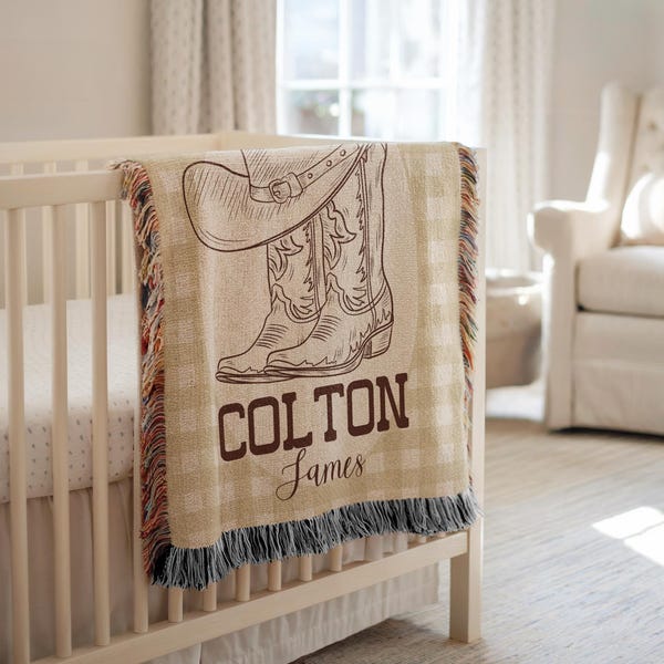 Personalized Cowboy Woven Baby Blanket, Western Cowboy Boys Blanket, Heirloom Blanket, Newborn Name Blanket, Baby Name Woven Throw Blanket