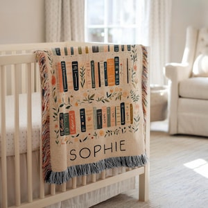 Book Lovers Baby Woven Blanket, Book Blanket for Nursery Decor, Wildflowers and books Blanket Gift for Baby Shower, Gift for Booklover Mom image 1
