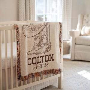 Personalized Cowboy Woven Baby Blanket, Western Cowboy Boys Blanket, Heirloom Blanket, Newborn Name Blanket, Baby Name Woven Throw Blanket