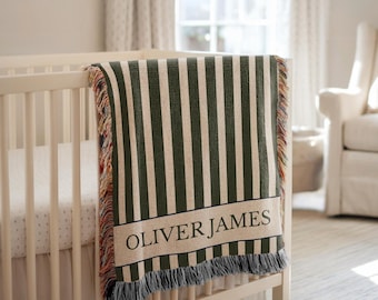 Personalized Stripes Baby Blanket Custom Name Blanket Baby Classic Nursery Decor Newborn Name Blanket Baby Shower Gift Striped Baby Blanket