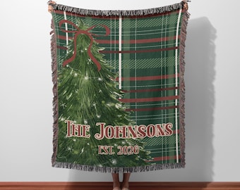 Personalized Christmas Woven Blanket, Custom Family Name Throw, Christmas Tree Blanket, Plaid Holiday Decor, Housewarming Gift, EST Year