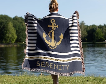 Boat Woven Blanket, Gift Boat Cotton, Captain Gift or Boat Owner Decor, Boat Name Blanket, Yacht Decor, Boat Accessories, Lake House Gift