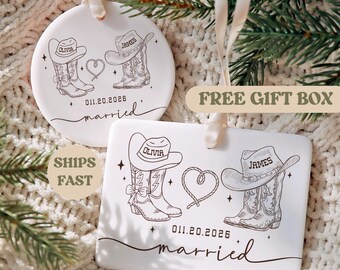 Western Wedding Ornament for Couple, Personalized Cowboy Cowgirl Gift, Newlywed Christmas Ornament, Rustic Wedding Keepsake