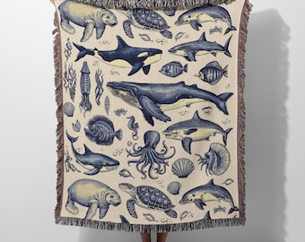 Ocean Life Woven Blanket, Vintage Sea Animals Throw Gift, Beach House Decor, Sea life Blanket, Vintage Sea Life Art, Sea Creature Blanket