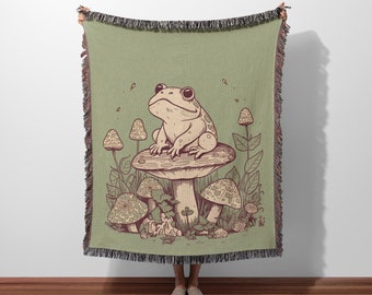 Cottagecore Frog Woven Blanket, Vintage Frog & Toad Woven Blanket, Goblincore Frog Tapestry, Mushroom and frog Blanket Goblincore Decor Gift