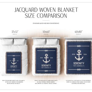 May include: A size comparison chart for a navy blue jacquard woven blanket featuring a white anchor graphic, the text SERENITY, ESTD 2024, and FORT LAUDERDALE, FL. The chart displays three blankets measuring 94x132 cm, 127x152 cm, and 152x203 cm.