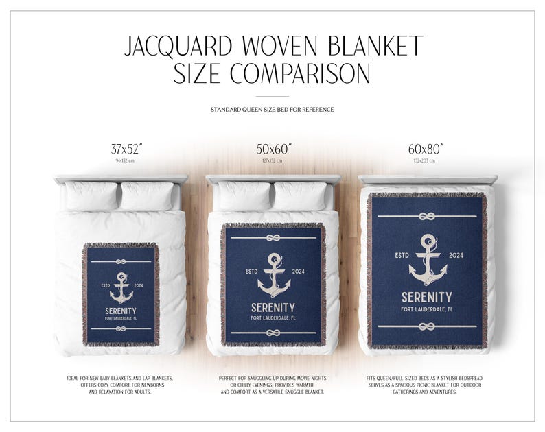 May include: A size comparison chart for a navy blue jacquard woven blanket featuring a white anchor graphic, the text SERENITY, ESTD 2024, and FORT LAUDERDALE, FL. The chart displays three blankets measuring 94x132 cm, 127x152 cm, and 152x203 cm.