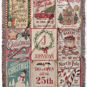 May include: A woven throw blanket featuring a grid of nine Christmas-themed panels. Designs include a gingerbread house, a red truck, a snowman, candy canes, a cake, and a wreath with the letter J and the name Johnsons printed on it.